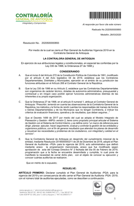 Resolución De Cierre Plan General De Auditorias Vigencia 2019