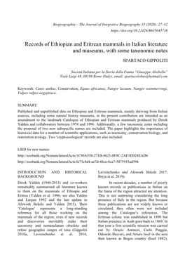 Records of Ethiopian and Eritrean Mammals in Italian Literature and Museums, with Some Taxonomic Notes