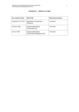 1 SCHEDULE 1 – REPEAL of LAWS No. and Year of Law Short Title Relevant Provisions Ordinance 15 of 1974 Natal Nature Conservati