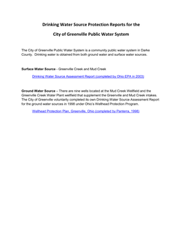 Drinking Water Source Protection Reports for the City of Greenville