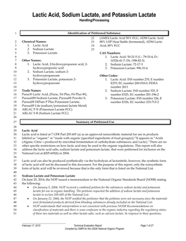 Lactic Acid, Sodium Lactate, and Potassium Lactate Handling/Processing