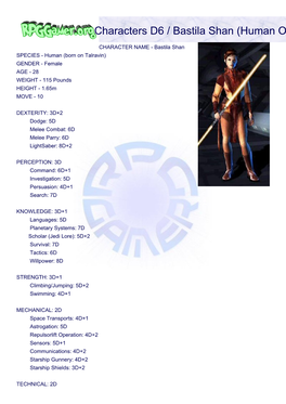 Characters D6 / Bastila Shan (Human Old Republic Jedi Padawan)