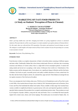 MARKETING of FAST-FOOD PRODUCTS (A Study on Students’ Perception of Pizza in Chennai)