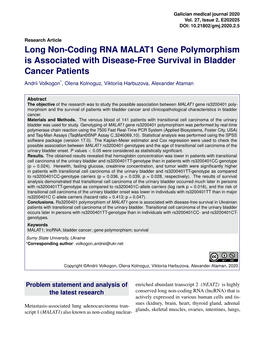 Long Non-Coding RNA MALAT1 Gene Polymorphism Is Associated with Disease-Free Survival in Bladder Cancer Patients