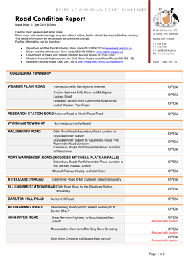 Road Condition Report Issued Friday 21 June 2019 0830Hrs