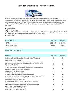 Volvo S80 Specifications - Model Year 2003