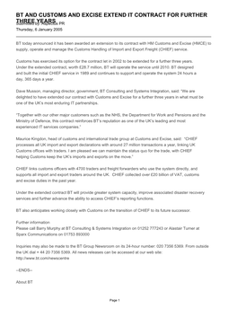 BT and CUSTOMS and EXCISE EXTEND IT CONTRACT for FURTHER Submittedthree By:YEARS Aspectus PR Thursday, 6 January 2005