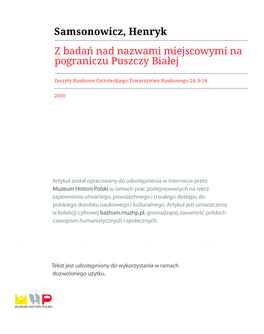 Z Badań Nad Nazwami Miejscowymi Na Pograniczu Puszczy Białej