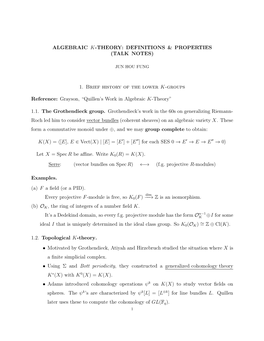Algebraic K-Theory: Definitions & Properties (Talk Notes)
