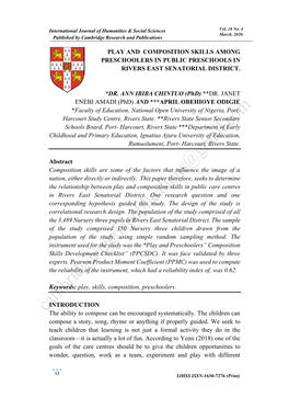 Play and Composition Skills Among Preschoolers in Public Preschools in Rivers East Senatorial District