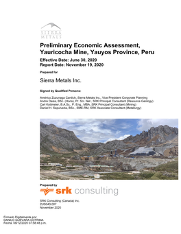 Preliminary Economic Assessment, Yauricocha Mine, Yauyos Province, Peru Effective Date: June 30, 2020 Report Date: November 19, 2020
