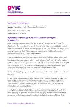 Leo Cussen: Keynote Address Speaker: Sven Bluemmel, Information Commissioner Date: Friday, 7 December 2018 Time: 9:00Am