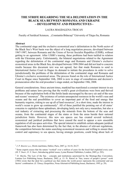 The Strife Regarding the Sea Delimitation in the Black Sea Between Romania and Ukraine – Development and Perspectives