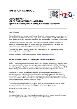 APPOINTMENT of SPORTS CENTRE MANAGER Ipswich School Sports Centre, Rushmere St Andrew