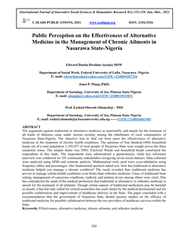 Public Perception on the Effectiveness of Alternative Medicine in the Management of Chronic Ailments in Nasarawa State-Nigeria