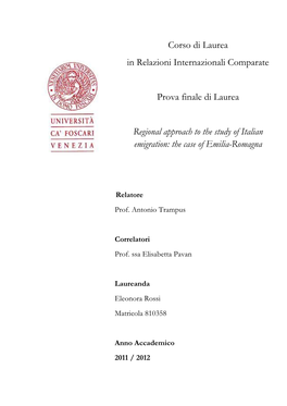 Regional Approach to the Study of Italian Emigration: the Case of Emilia-Romagna