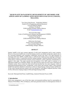 Solid Waste Management: Development of Ahp Model for Application of Landfill Sites Selection in Kuantan, Pahang, Malaysia