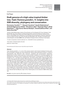Draft Genome of a High Value Tropical Timber Tree, Teak (Tectona Grandis L. F): Insights Into SSR Diversity, Phylogeny and Conse