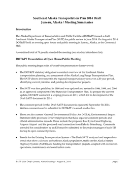 Southeast Alaska Transportation Plan 2014 Draft Juneau, Alaska / Meeting Summaries