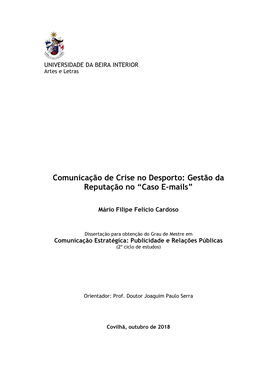 Comunicação De Crise No Desporto: Gestão Da Reputação No “Caso E-Mails”