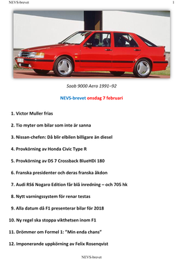 Saab 9000 Aero 1991–92 NEVS-Brevet Onsdag 7 Februari 1