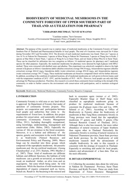 Biodiversity of Medicinal Mushrooms in the Community Forestry of Upper Southern Part of Thailand As Utilization for Pharmacy