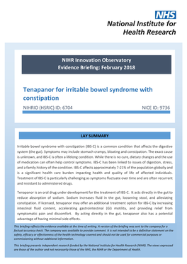 Tenapanor for Irritable Bowel Syndrome with Constipation NIHRIO (HSRIC) ID: 6704 NICE ID: 9736