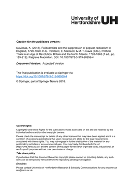 Political Trials and the Suppression of Popular Radicalism in England, 1799-1820