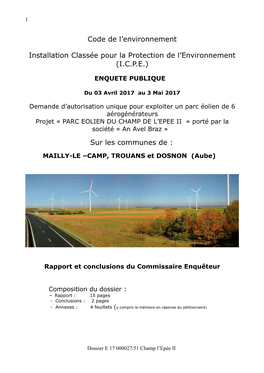 Code De L'environnement Installation Classée Pour La Protection De L'environnement (I.C.P.E.) Sur Les Communes De