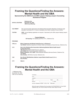 Mental Health and the OBA Sponsored by the OBA/CLE and OBA Lawyers Helping Lawyers Counseling Assistance Program