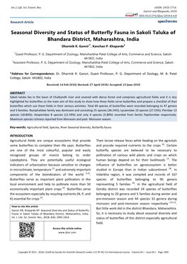 Seasonal Diversity and Status of Butterfly Fauna in Sakoli Taluka of Bhandara District, Maharashtra, India Dharmik R