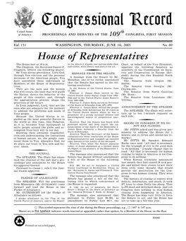 Congressional Record United States Th of America PROCEEDINGS and DEBATES of the 109 CONGRESS, FIRST SESSION