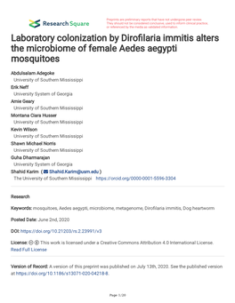 Laboratory Colonization by Diro Laria Immitis Alters the Microbiome of Female Aedes Aegypti Mosquitoes