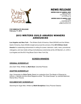 2013 Writers Guild Awards Winners Announced