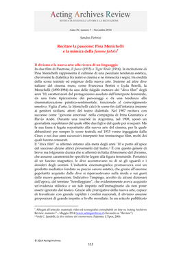 Recitare La Passione: Pina Menichelli E La Mimica Della Femme Fatale*