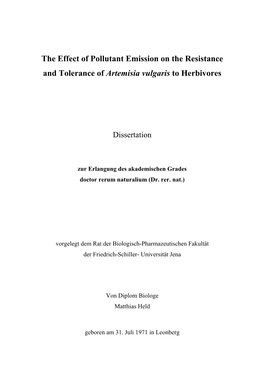 The Effect of Pollutant Emission on the Resistance and Tolerance of Artemisia Vulgaris to Herbivores