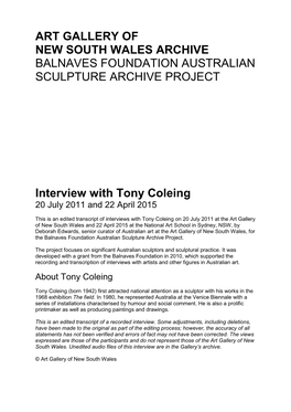 Interview with Tony Coleing 20 July 2011 and 22 April 2015