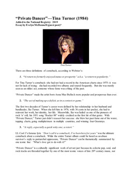 Private Dancer”—Tina Turner (1984) Added to the National Registry: 2019 Essay by Evelyn Mcdonnell (Guest Post)*