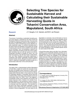 Selecting Tree Species for Sustainable Harvest and Calculating Their Sustainable Harvesting Quota in Tshanini Conservation Area, Maputaland, South Africa Research J.Y