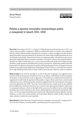 Polska a Sprawa Rumuńsko–Sowieckiego Paktu O Nieagresji W Latach 1931–1932