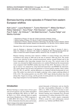 Biomass-Burning Smoke Episodes in Finland from Eastern European Wildfires