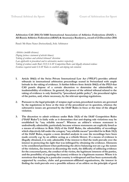 Arbitration CAS 2016/O/4488 International Association of Athletics Federations (IAAF) V