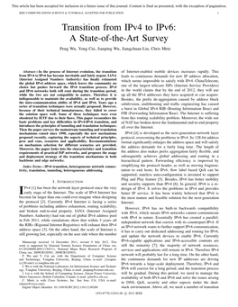 Transition from Ipv4 to Ipv6: a State-Of-The-Art Survey Peng Wu, Yong Cui, Jianping Wu, Jiangchuan Liu, Chris Metz