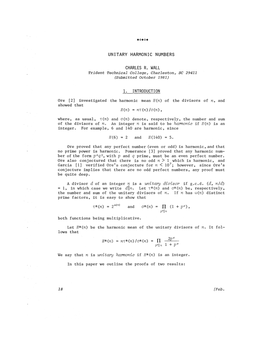 Unitary Harmonic Numbers Charles R. Wall