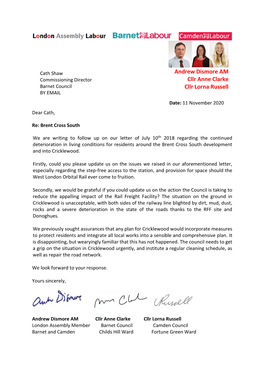 Letter to Cath Shaw on Brent Cross South November