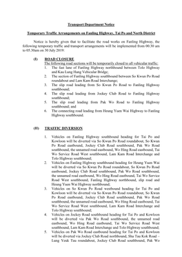 Temporary Traffic Arrangements on Fanling Highway, Tai Po and North District