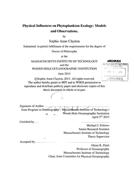 Physical Influences on Phytoplankton Ecology: Models and Observations