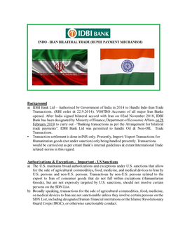 Background A) IDBI Bank Ltd – Authorised by Government of India in 2014 to Handle Indo-Iran Trade Transactions