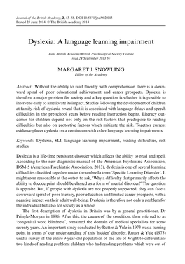 Dyslexia: a Language Learning Impairment