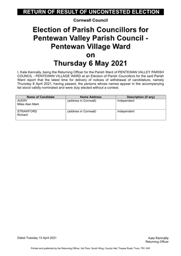 Election of Parish Councillors for Pentewan Valley Parish Council - Pentewan Village Ward on Thursday 6 May 2021